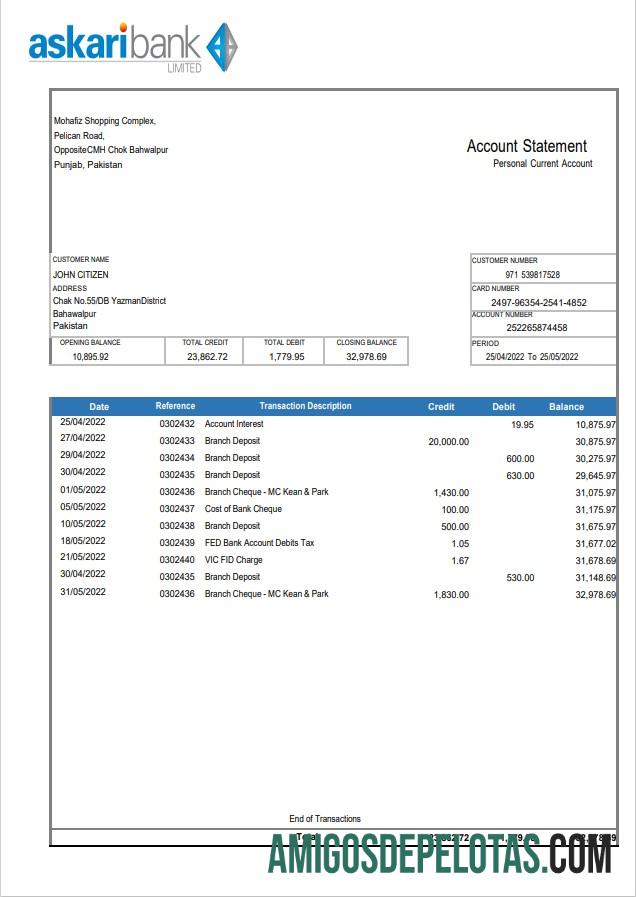 Pakistan Askariextrato bancário amostra